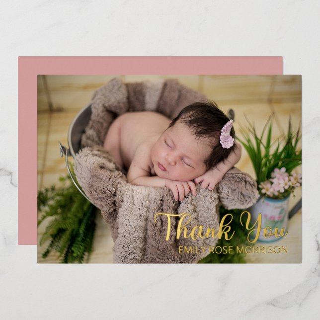 Simple Minimalist One Photo Baby Shower Thank You Foil Holiday Card (Front/Back)