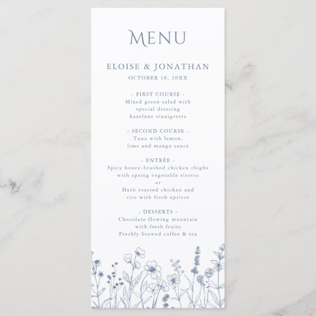 Simple Minimalist Periwinkle Wildflower Wedding Menu (Front)