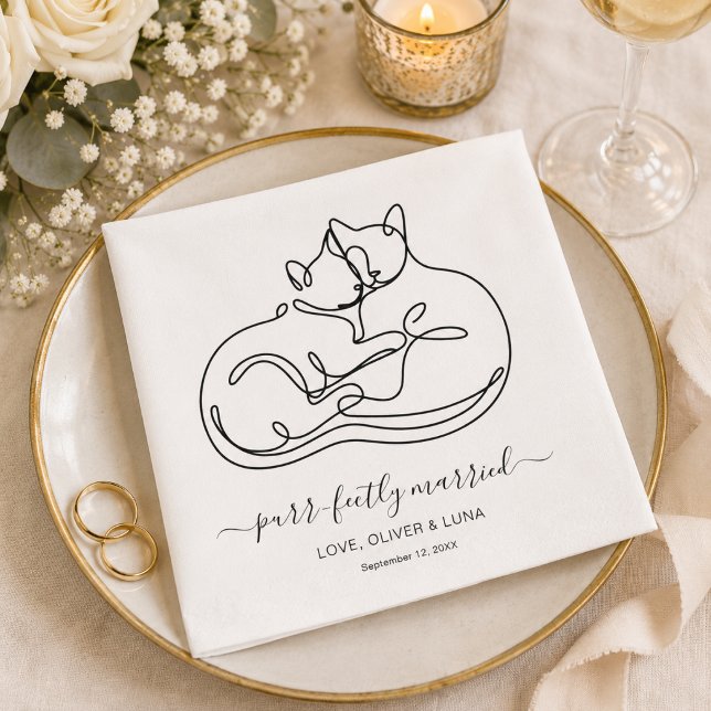 Simple Minimalist Personalised Pet Cat Wedding  Napkin (Customize with names & event date. Add  other text between the square symbols if you wish)
