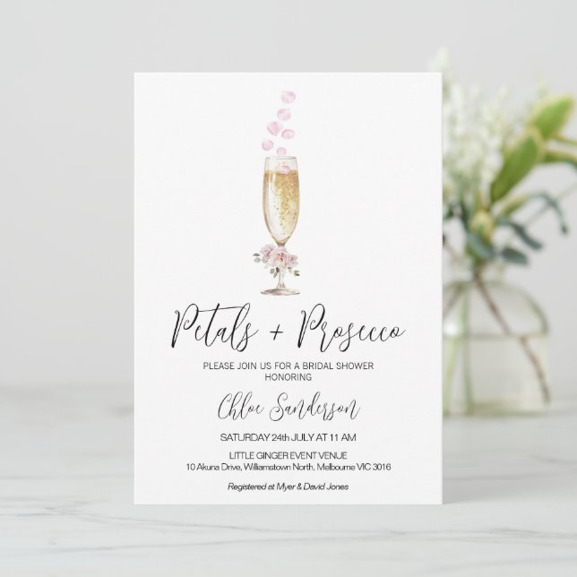 Simple Minimalist Petal And Prosecco Bridal Shower Invitation (Standing Front)