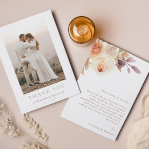 Simple Minimalist Photo Floral Wedding Thank You Card
