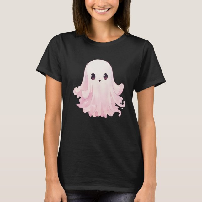 Simple Minimalist Pink Ghost Black Halloween T-Shirt (Front)