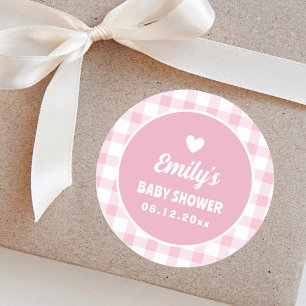 Simple Minimalist Pink Gingham Girl Baby Shower Classic Round Sticker