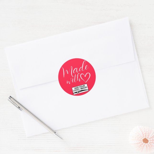 Simple Minimalist Pink Made With Love Heart Logo Classic Round Sticker (Envelope)