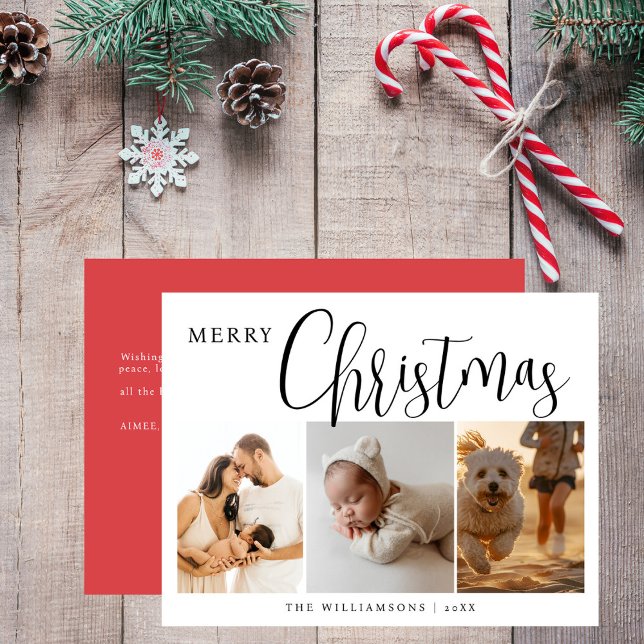 Simple Minimalist Red 3 Photo Collage Christmas Holiday Postcard (Creator Uploaded)
