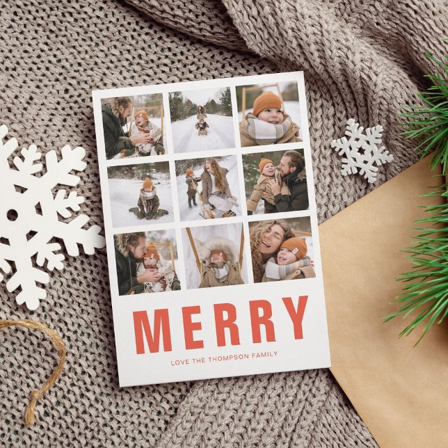 Simple Minimalist Red Orange Merry Photo Collage Holiday Card (Creator Uploaded)
