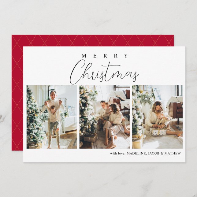 Simple Minimalist Red Photo Collage Christmas Holiday Card (Front/Back)