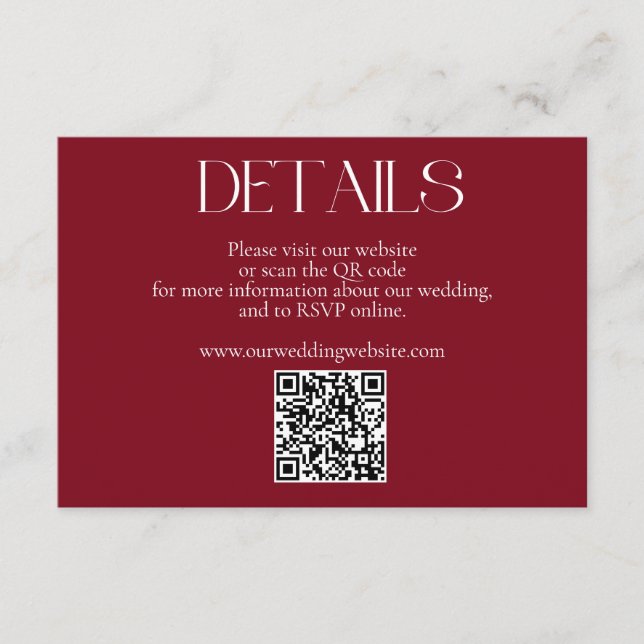 Simple Minimalist Red QR Code Wedding Website Enclosure Card (Front)