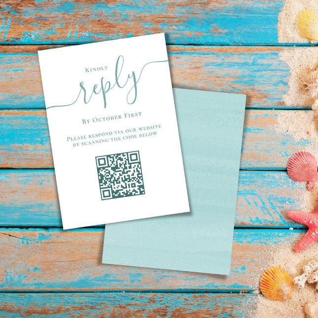 Simple Minimalist Response RSVP QR Code Turquoise  (Turquoise blue elegant calligraphy script response card )