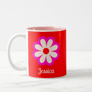 Simple Minimalist Retro Flower with Name Red& Pink Two-Tone Coffee Mug