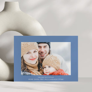 Simple Minimalist Retro Typewriter Two Photo Blue Holiday Card