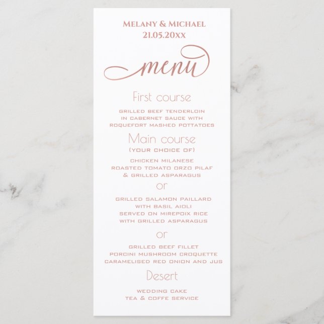 Simple minimalist romantic rose gold calligraphy menu (Front)