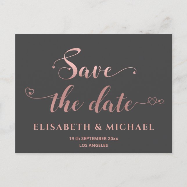 Simple minimalist  rose gold calligraphy hearts  announcement postcard (Front)
