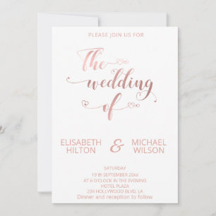 Simple minimalist rose gold calligraphy hearts invitation