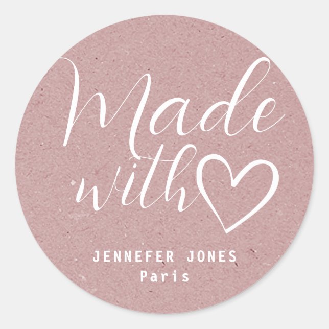 Simple Minimalist Rustic Pink Made With Love Heart Classic Round Sticker (Front)