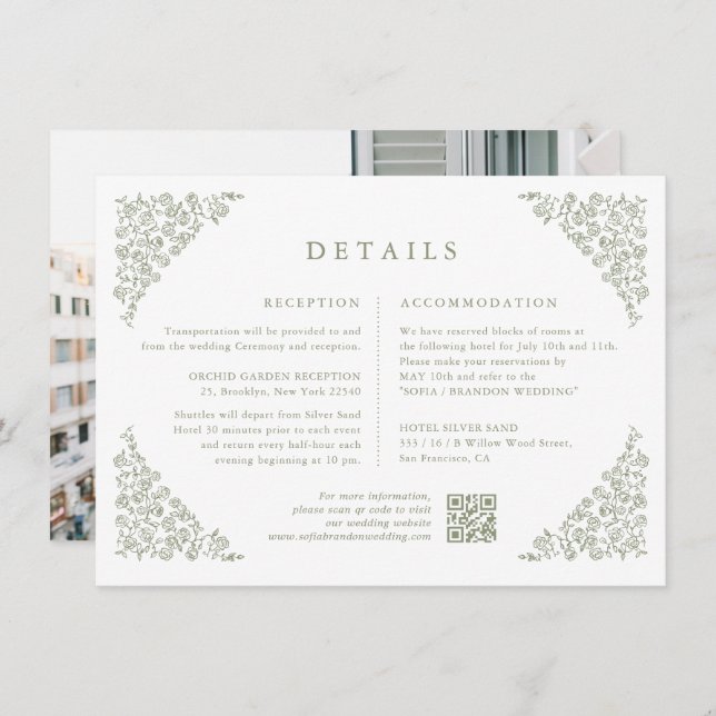 Simple Minimalist Sage Green Photo Wedding Details Enclosure Card (Front/Back)