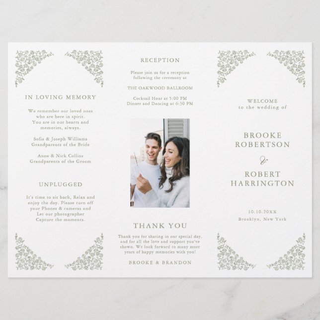 Simple Minimalist Sage Green Photo Wedding Program (Front)