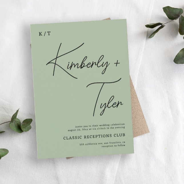 Simple minimalist sage green script wedding invitation (Creator Uploaded)