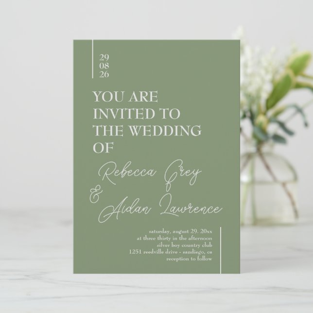 Simple Minimalist Sage Green White Invitation Card (Standing Front)