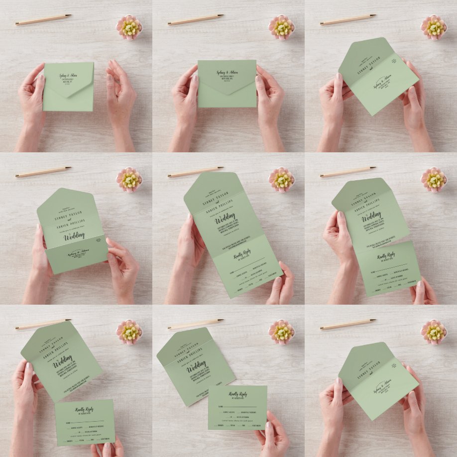 Simple Minimalist Sage Wedding All In One Invitation