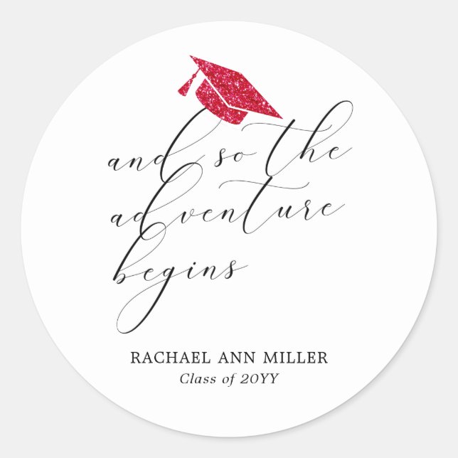 Simple Minimalist Script Adventure Begins Red Hat  Classic Round Sticker (Front)