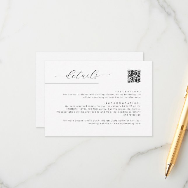 Simple Minimalist Script QR Code Wedding Details Enclosure Card (Front/Back In Situ)