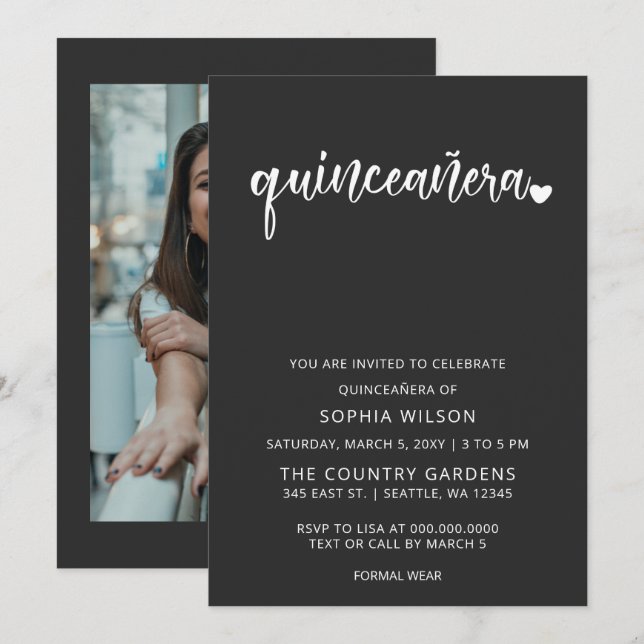 Simple Minimalist Script QUINCEANERA Photo Invitation (Front/Back)