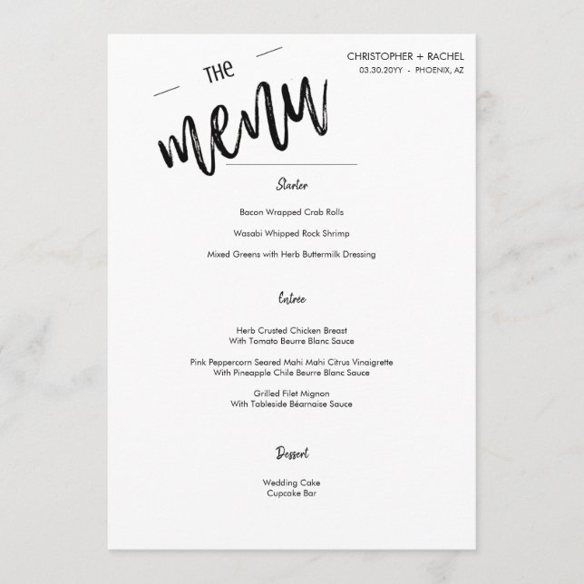 Simple Minimalist Script Wedding Event Dinner  Menu (Front)