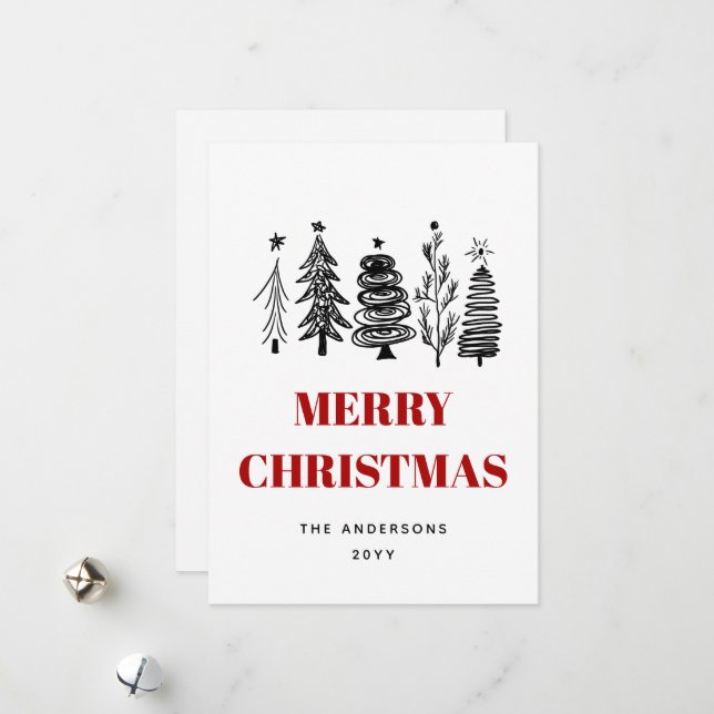Simple Minimalist Sketch Black White Red Christmas Holiday Card (Front/Back In Situ)