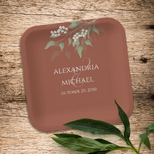 Simple Minimalist Terracotta Wedding Calligraphy Paper Plate