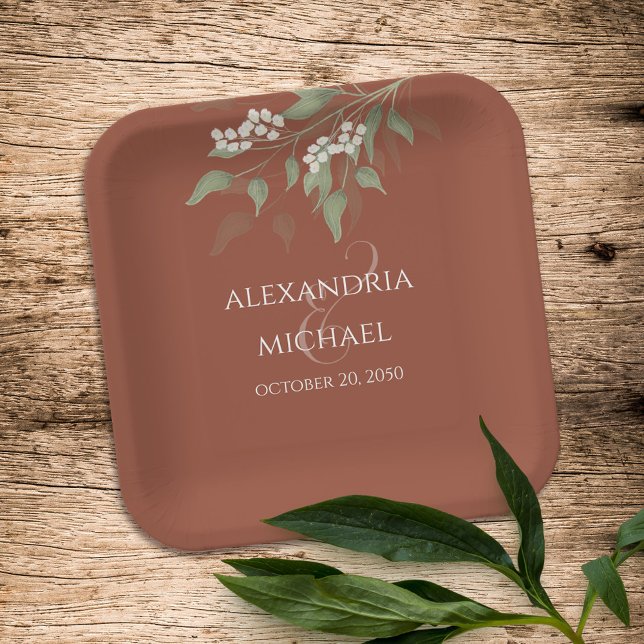 Simple Minimalist Terracotta Wedding Calligraphy Paper Plate (Creator Uploaded)