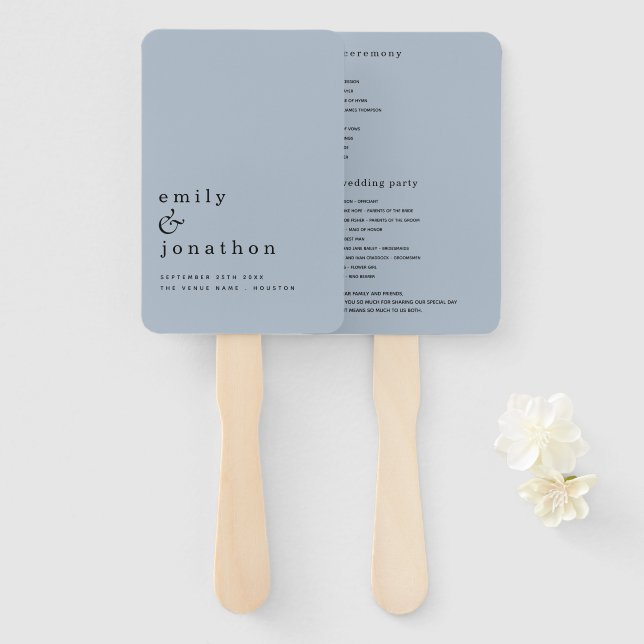Simple Minimalist Text Dusty Blue Wedding Program Hand Fan (Front and Back)