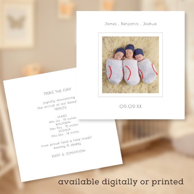 Simple Minimalist Triplets Photo Birth  Announcement (Creator Uploaded)