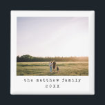 Simple Minimalist Typewriter Family Photo Magnet<br><div class="desc">This simple and modern family photo magnet features a place for you to add your names and a main photo,  along with the year,  in beautiful typewriter typography. The perfect minimalist xmas gift for any family member this winter!</div>