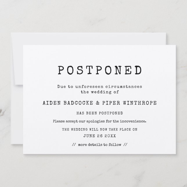 simple minimalist typewriter Postponed wedding Invitation (Front)