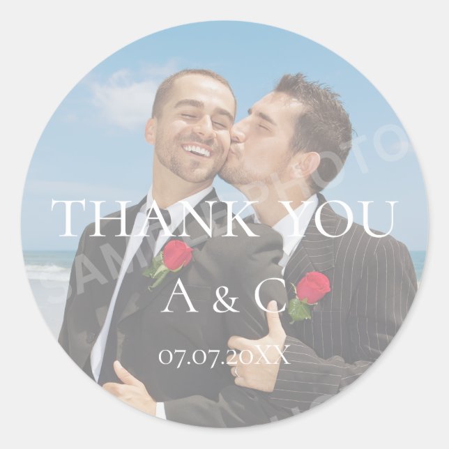 Simple Minimalist Wedding Thank You Photo Classic Round Sticker (Front)