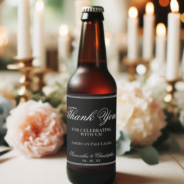 Simple Minimalist Wedding Thank You White on Black Beer Bottle Label (Creator Uploaded)