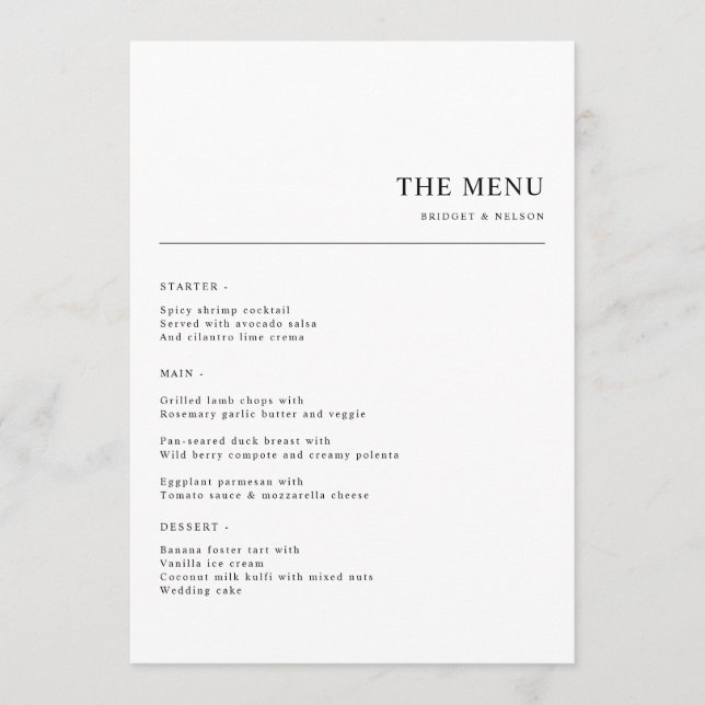 Simple Minimalist Wedding Wedding Dinner Menu (Front)