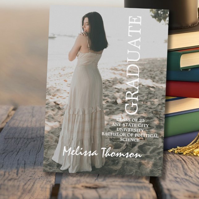 Simple Minimalist White Script Photo Graduation Announcement (Creator Uploaded)