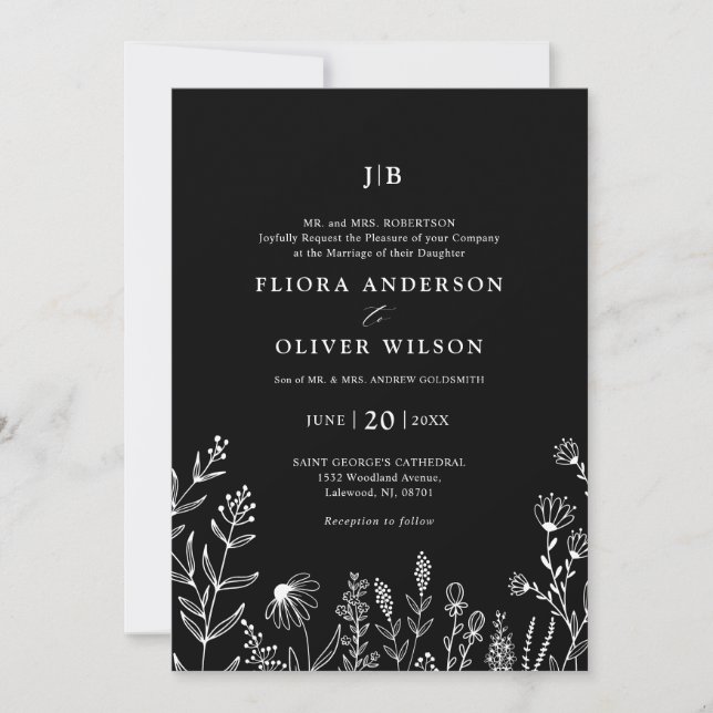 Simple Minimalist Wildflower Black Wedding Invitation (Front)