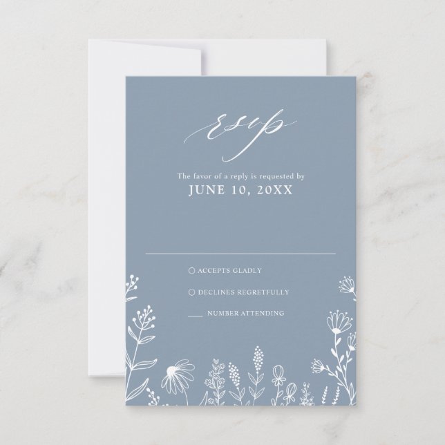 Simple Minimalist Wildflower Dusty Blue Wedding RS RSVP Card (Front)