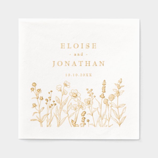 Simple Minimalist  Wildflower Wedding Gold Foil Napkins (Front)