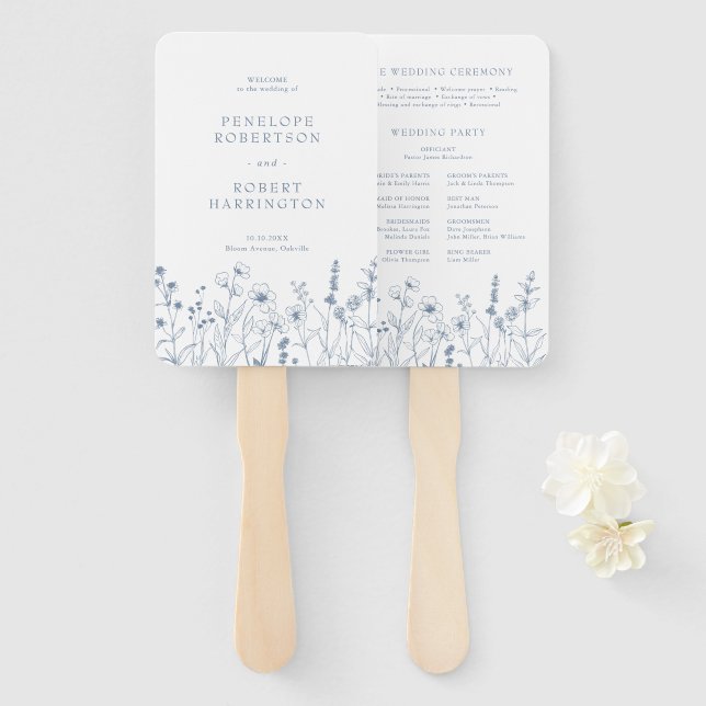 Simple Minimalist Wildflower Wedding Program Hand Fan (Front and Back)