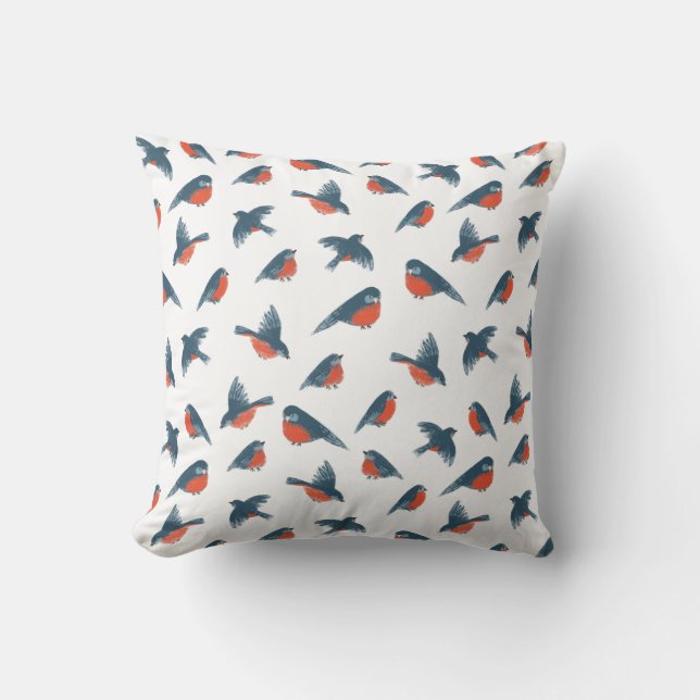 Simple Minimalist Winter Blue Red Bird Pattern Cushion (Front)