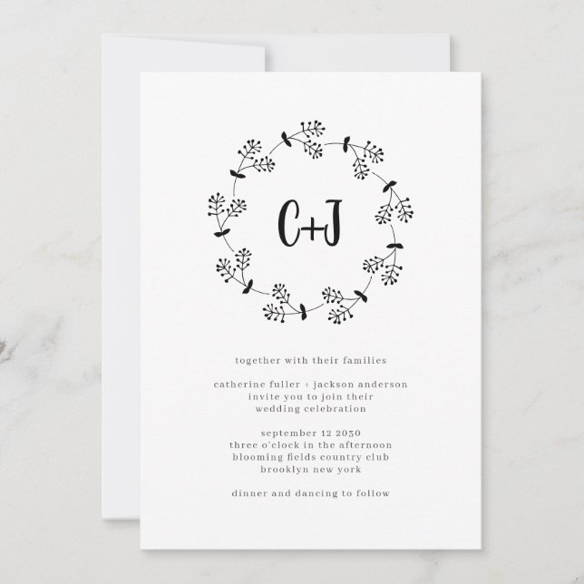 Simple Minimalist Wreath Rustic Monogram Wedding Invitation (Front)