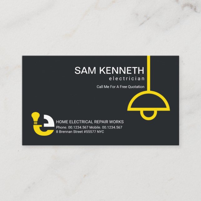 Simple Minimalist Yellow Lamp Electrician Business Card (Front)