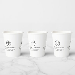 Simple Minimalistic Black Justice Logo On White Paper Cups