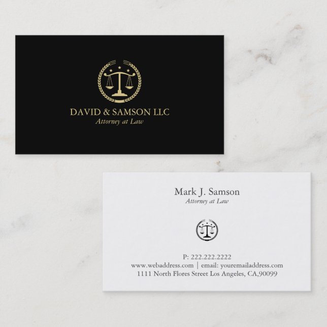 Simple Minimalistic Gold Justice Logo On Black Business Card (Front/Back)