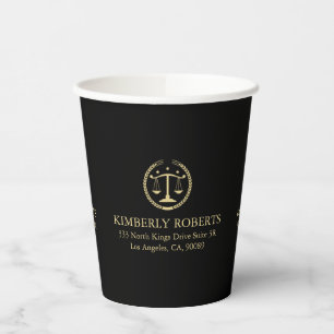 Simple Minimalistic Gold Justice Logo On Black Paper Cups
