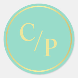 Simple Mint and Gold with Monogram Classic Round Sticker